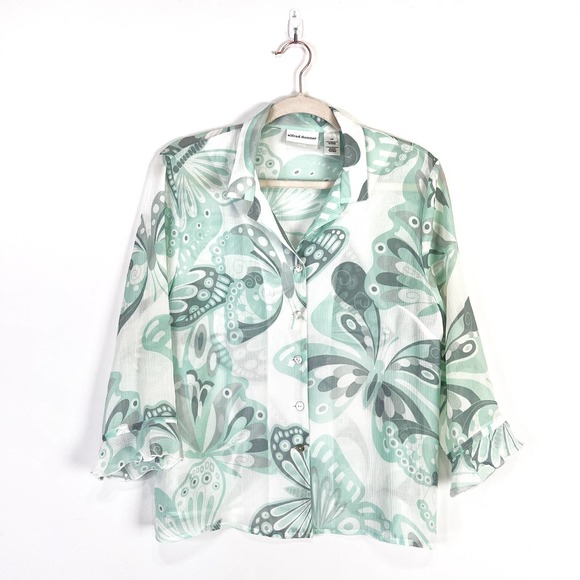 Vintage Alfred Dunner Petite Mint green butterfly button up shirt Size 10P - Picture 1 of 7